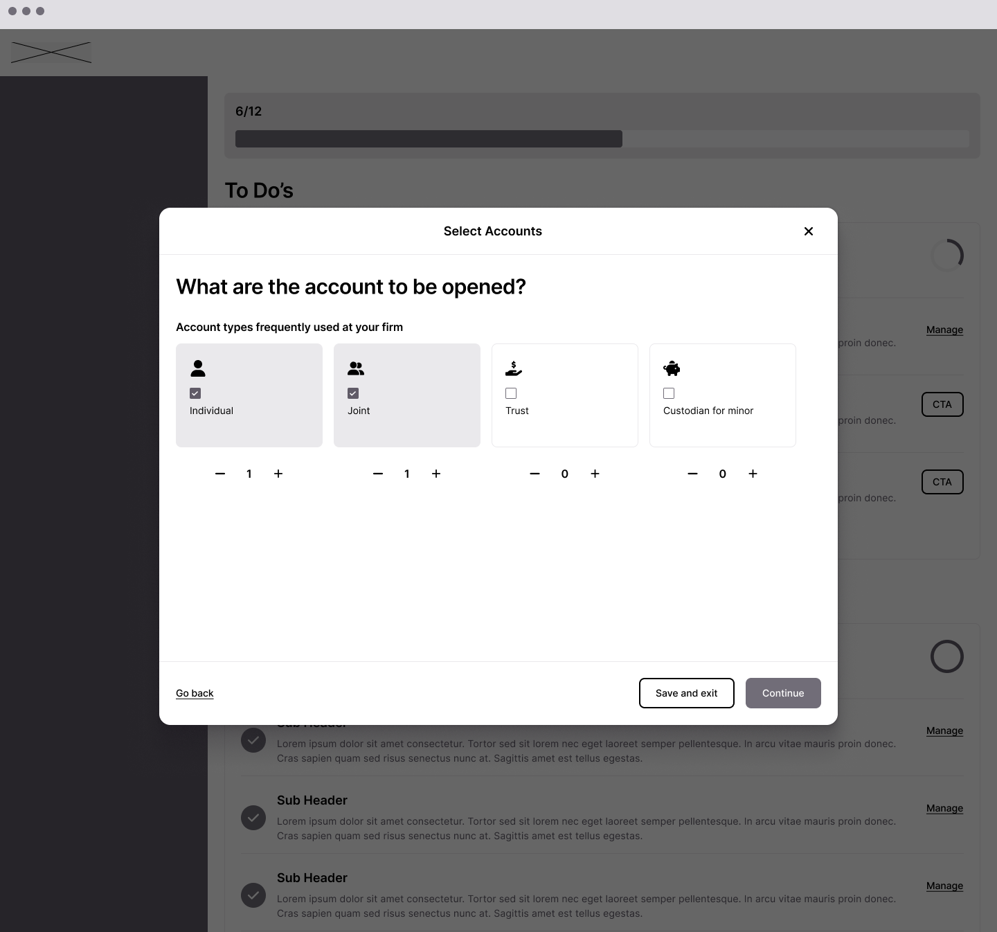 Pre-flow wireframes showing Custodian → Account Type → Sub Type progression